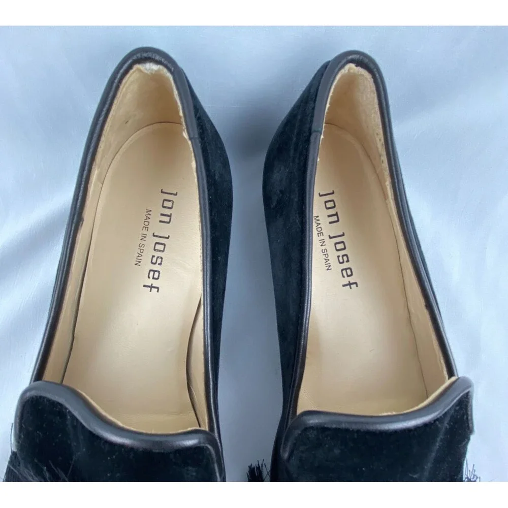 JON JOSEF Blair Loafers Women 6M Black Velvet Rabbit Fur Pom Spain Blair Waldorf